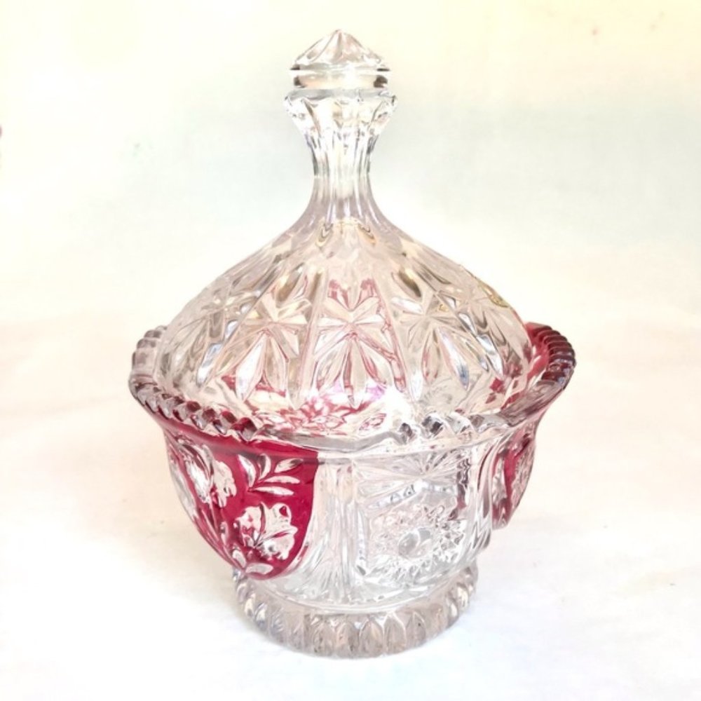 Vintage Anne Hutte Bleikristall ruby lead bohemian Crystal candy dish with lid
